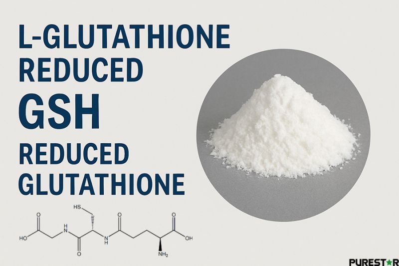 L-Glutathione Reduced (GSH) white crystalline powder shown as a bulk raw material for antioxidant and formulation applications.