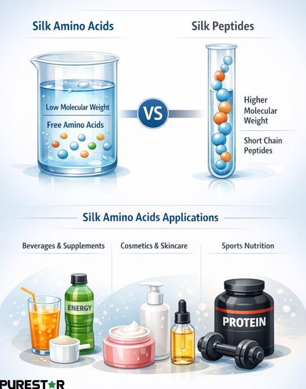Silk amino acids compared with silk peptides, highlighting lower molecular weight, free amino acid structure, high water solubility, and suitability for beverages, cosmetics, and sports nutrition formulations.