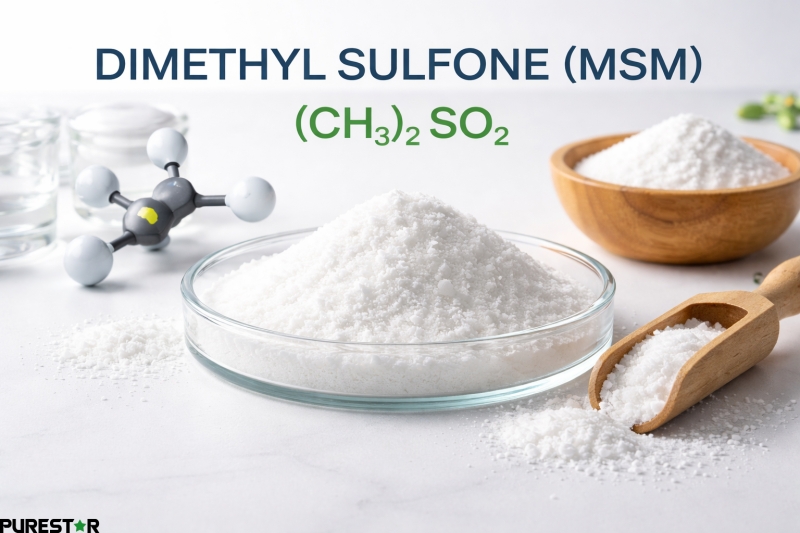 High-purity dimethyl sulfone (MSM) crystalline powder with clear molecular structure representation, highlighting methylsulfonylmethane raw material used in dietary supplement, cosmetic, and industrial formulations.