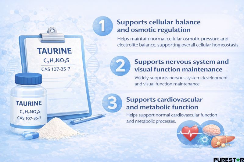 Taurine supports cellular balance, nervous system and visual function maintenance, and normal cardiovascular and metabolic processes in nutrition-focused formulations.