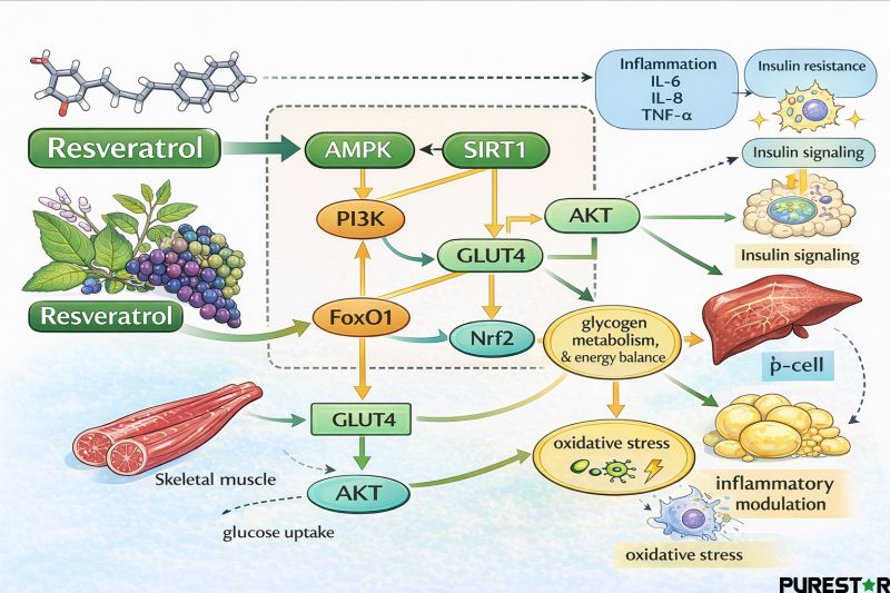 Resveratrol is shown as a central signaling input interacting with AMPK, SIRT1, and PI3K–AKT pathways involved in glucose metabolism, oxidative balance, and cellular energy regulation.