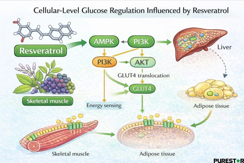Resveratrol influences cellular-level glucose regulation by modulating insulin signaling, energy sensing pathways, and GLUT4-mediated glucose uptake in skeletal muscle, liver, and adipose tissue.