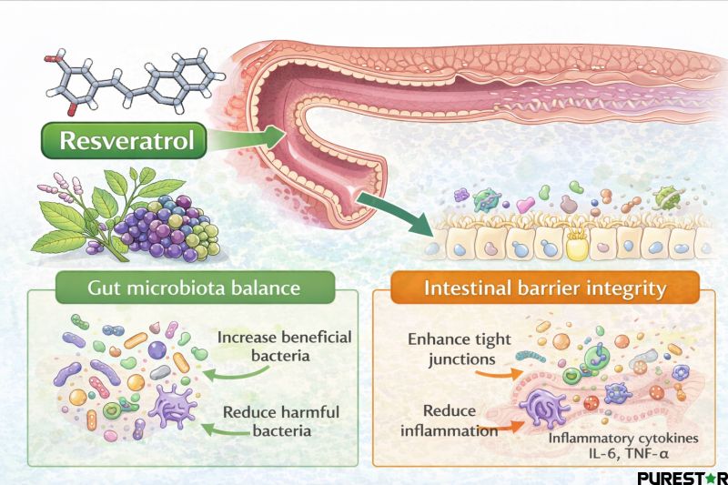 Resveratrol is associated with gut microbiota balance and intestinal barrier integrity, highlighting interactions that support microbial diversity and maintain epithelial structure.