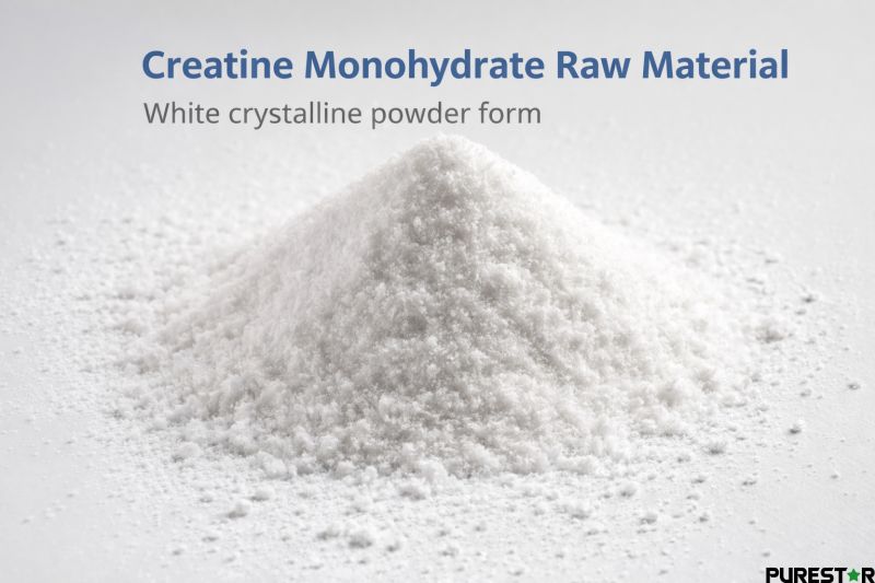 Creatine monohydrate presented as a white crystalline powder with stable physical characteristics suitable for nutritional ingredient applications.
