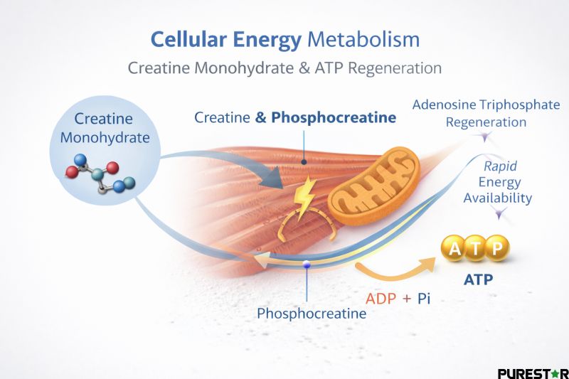 Creatine monohydrate supporting phosphocreatine-mediated ATP regeneration within skeletal muscle cells during high-intensity energy demand.