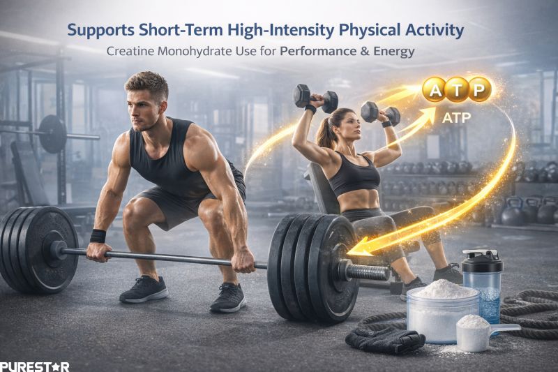 Creatine monohydrate associated with short-term high-intensity physical activity requiring rapid cellular energy availability.
