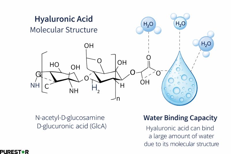 Hyaluronic acid molecular structure highlighting its polymer chain configuration and strong water-binding capacity relevant to skin hydration systems.