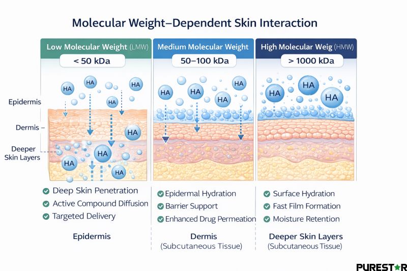 Different molecular weight ranges of hyaluronic acid showing distinct interactions with epidermal and dermal layers that influence hydration and transdermal behavior.