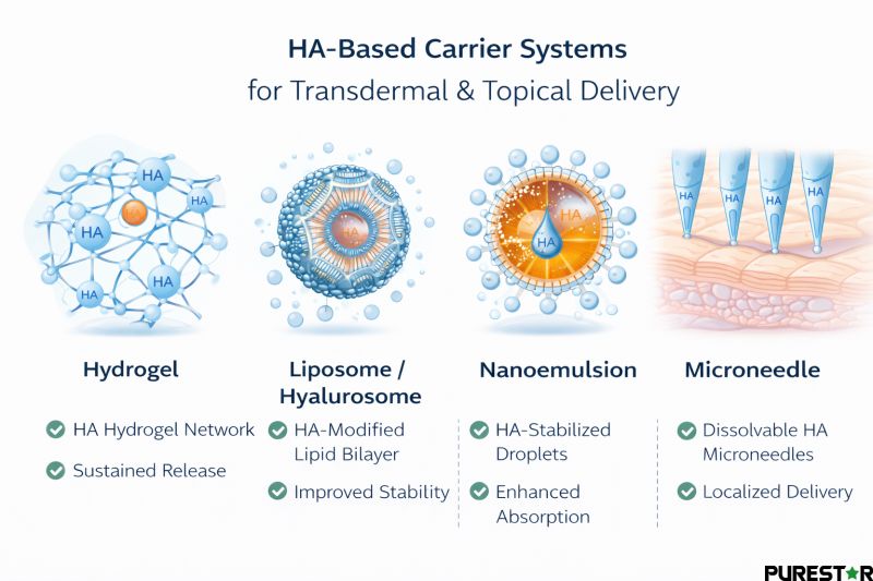 Overview of hyaluronic acid–based carrier systems including hydrogels, liposome-derived structures, nanoemulsions, and microneedle platforms for topical use.