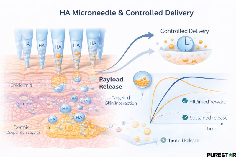 Dissolvable hyaluronic acid microneedles enabling localized release and controlled delivery of encapsulated compounds within skin layers.