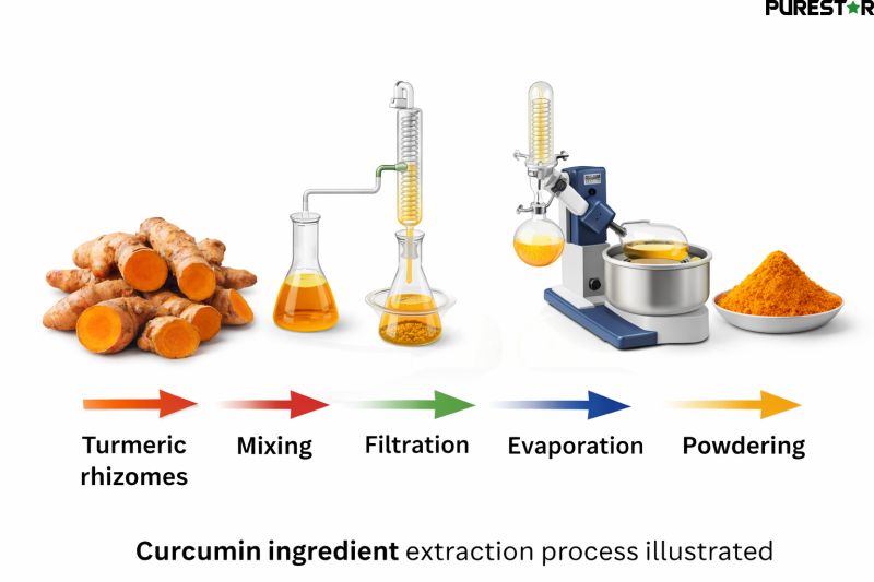 Curcumin extraction and processing flow demonstrating industrial techniques used to obtain high-purity curcumin from turmeric.