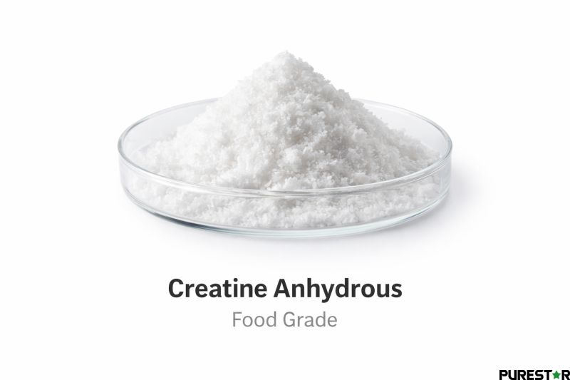 Creatine anhydrous powder presented as a high-purity raw material for food and sports nutrition manufacturing applications.
