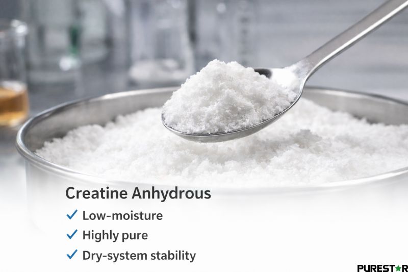 Physical appearance and powder characteristics of creatine anhydrous illustrating suitability for dry blending and industrial processing.