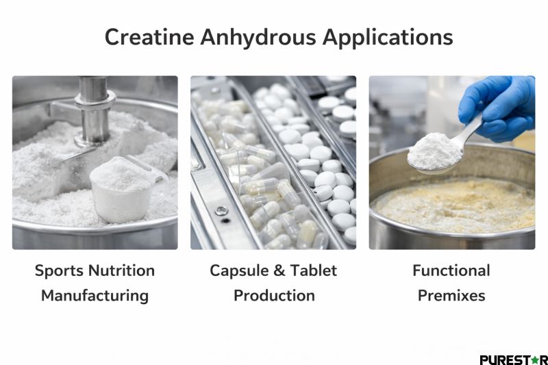 Application scenarios of creatine anhydrous in sports nutrition premixes, capsule filling, and tablet manufacturing systems.