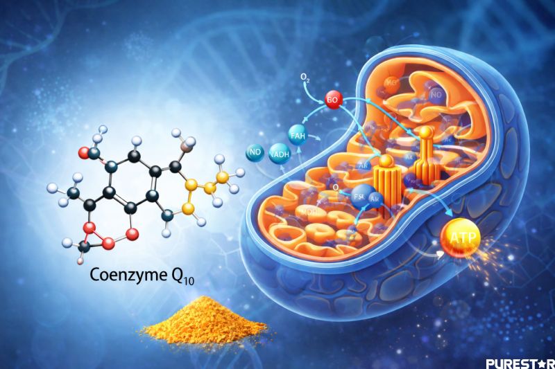 Coenzyme Q10 molecular structure and its role in mitochondrial energy metabolism and ATP production at the cellular level