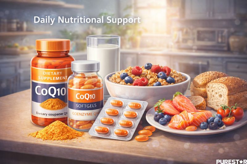 Coenzyme Q10 dietary supplements and functional foods used for daily nutritional support and energy metabolism