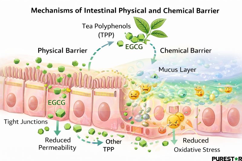 Tea polyphenols help maintain intestinal barrier integrity by supporting tight junction proteins, reducing oxidative stress, and stabilizing the mucus-associated chemical defense system.