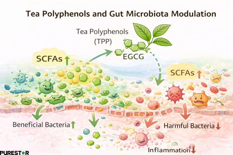Tea polyphenols modulate gut microbiota composition by promoting beneficial bacteria, increasing short-chain fatty acid production, and suppressing inflammation-related microbial activity.