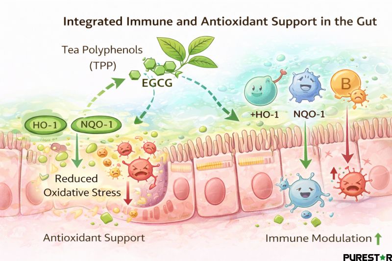 Tea polyphenols enhance intestinal immune balance and antioxidant defense by activating cellular antioxidant enzymes and reducing oxidative stress–induced immune disruption.