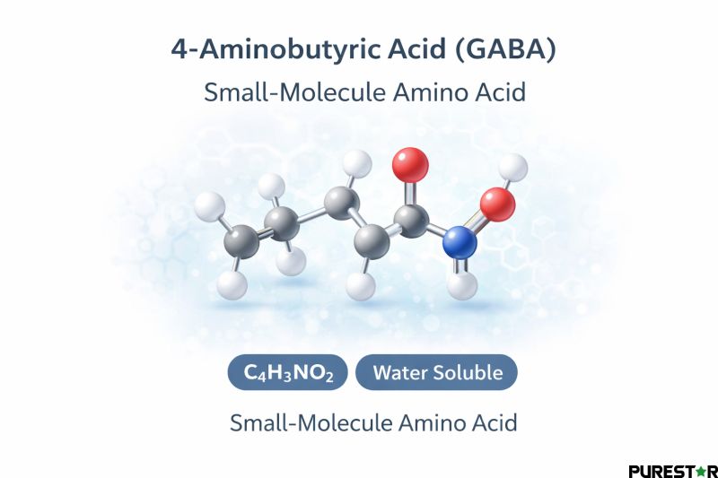 Molecular representation of 4-Aminobutyric Acid (GABA) highlighting its small-molecule amino acid structure and water solubility.