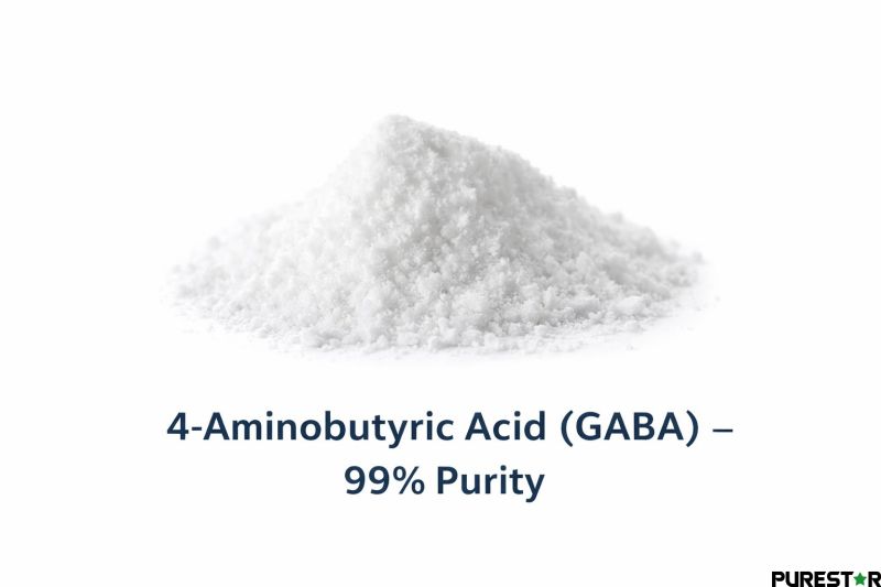 High-purity 4-Aminobutyric Acid (GABA) shown as a white crystalline powder with fine, uniform texture.