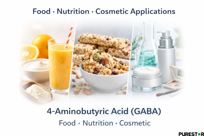 4-Aminobutyric Acid (GABA) applied in food, nutrition, and cosmetic formulation systems.