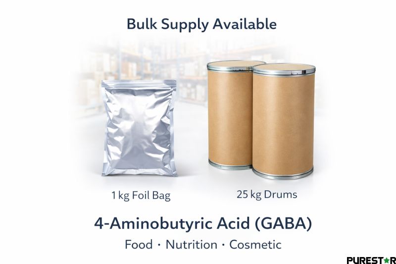 Bulk packaging options of 4-Aminobutyric Acid (GABA) including 1 kg foil bags and 25 kg drums for industrial supply.