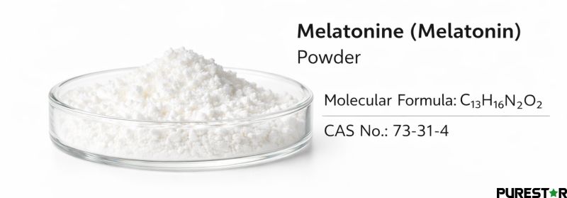 Melatonine (Melatonin) powder with white crystalline appearance and defined raw material purity