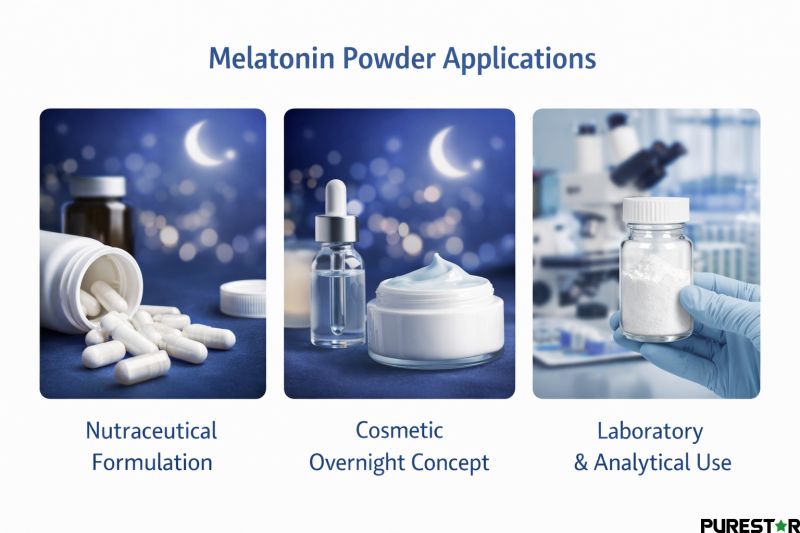 Melatonine powder applications in nutraceutical formulation concepts, cosmetic development, and laboratory research use