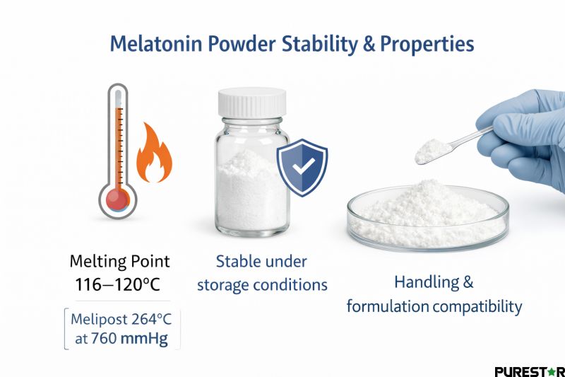 Physicochemical properties of Melatonine powder including melting range, stability, and handling compatibility