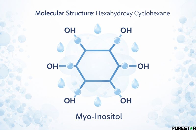 Conceptual representation of myo-inositol as a hexahydroxy cyclitol highlighting multiple hydroxyl groups and strong water affinity.