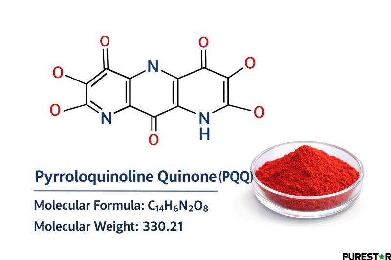 Pyrroloquinoline quinone PQQ powder displayed with molecular composition and red crystalline powder, highlighting physicochemical characteristics of PQQ raw material