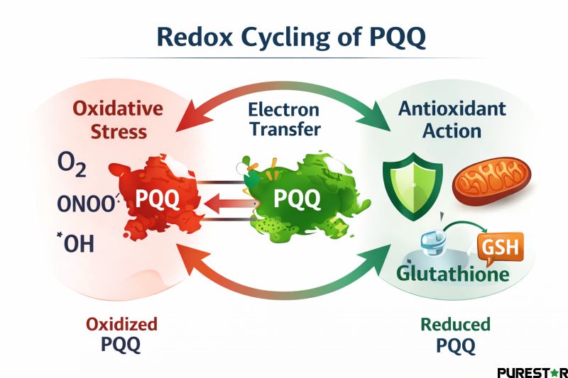 Redox cycling behavior of pyrroloquinoline quinone showing reversible electron transfer and interaction with oxidative species and glutathione systems