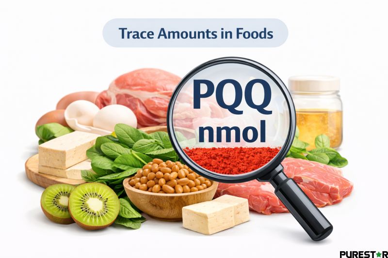 Trace levels of pyrroloquinoline quinone naturally present in foods at nanomolar concentrations, illustrating low dietary abundance of PQQ