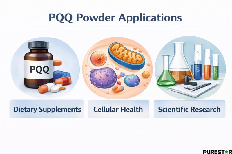 Pyrroloquinoline quinone powder applications across dietary supplement formulations, cellular research models, and laboratory research environments