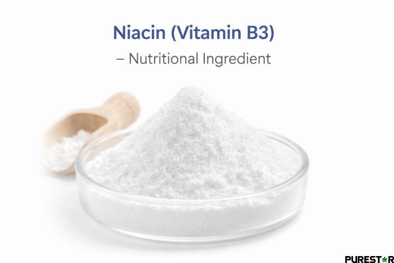 Niacin powder (vitamin B3) presented as a high-purity nutritional ingredient with fine white crystalline appearance