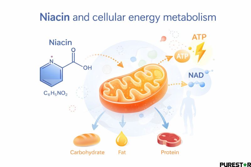 Niacin involvement in cellular energy metabolism associated with NAD formation and nutrient utilization pathways