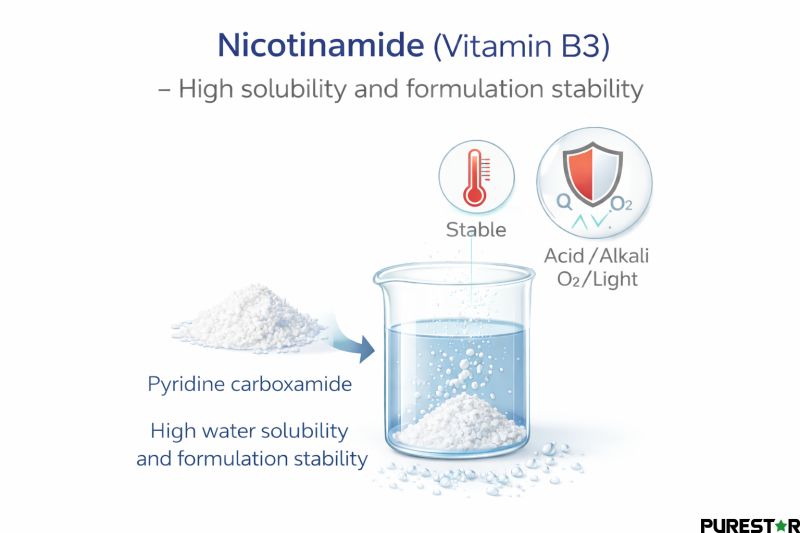 Nicotinamide powder demonstrating high water solubility and formulation stability as a vitamin B3 nutritional ingredient