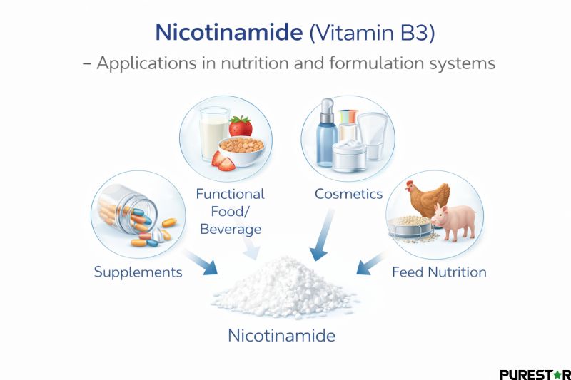 Nicotinamide applications in dietary supplements, functional food systems, cosmetics, and feed nutrition