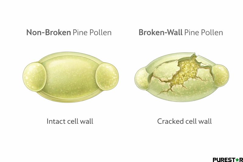 Non-broken pine pollen showing intact grain structure and uniform light yellow appearance under magnification