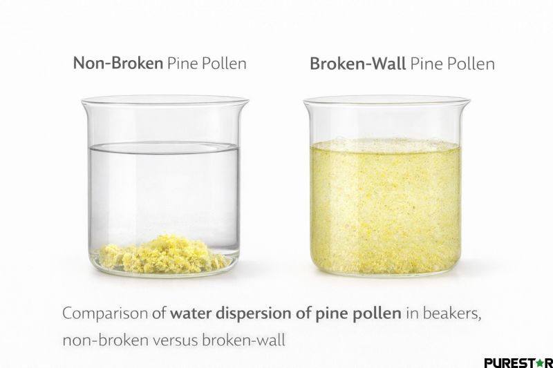 Water dispersion comparison showing non-broken pine pollen floating on the surface and broken-wall pine pollen remaining suspended after stirring