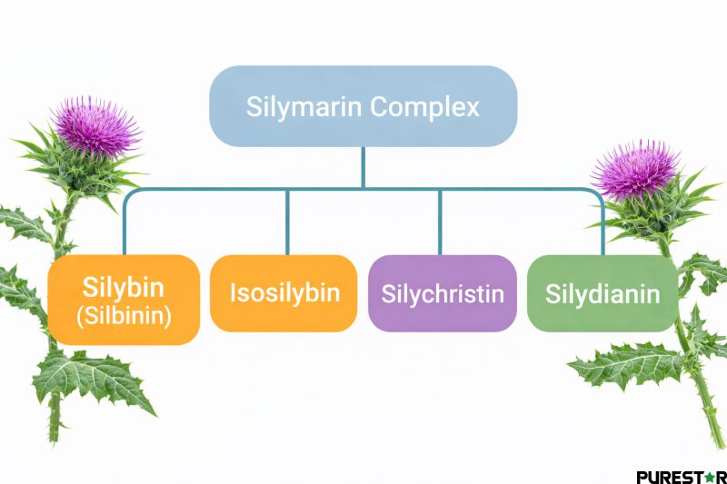 Silymarin complex from milk thistle extract showing silybin isosilybin silychristin and silydianin composition