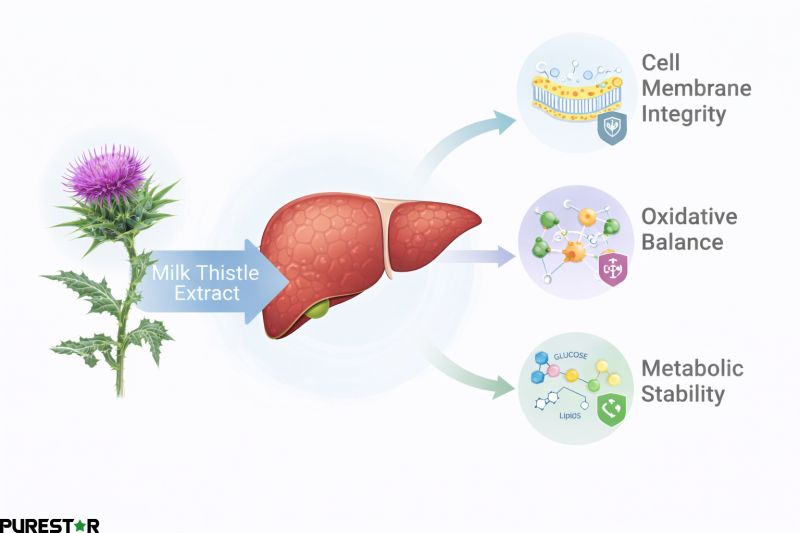 Milk thistle extract concept diagram highlighting cell membrane integrity oxidative balance and metabolic stability