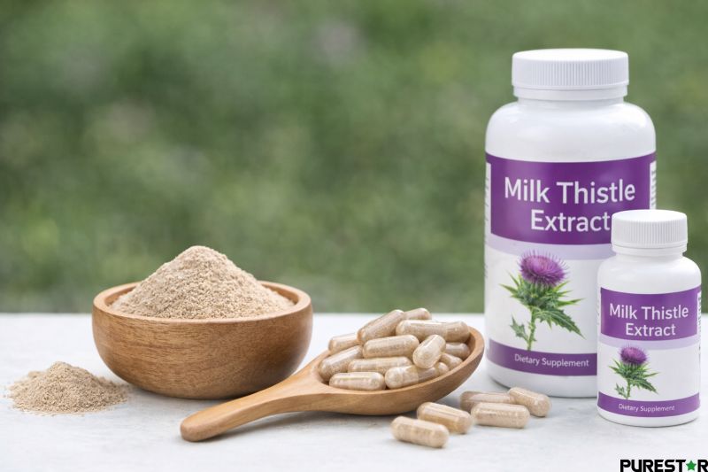 Milk thistle extract powder and capsules representing common formulation forms of standardized milk thistle extract