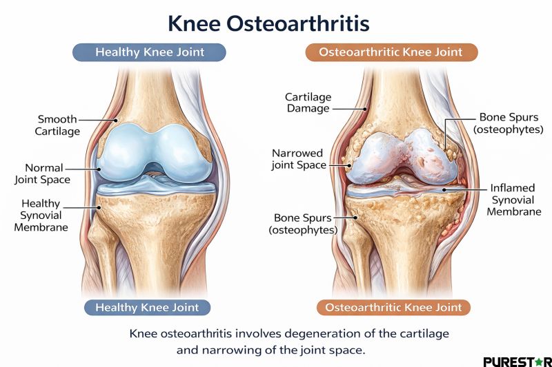 Knee osteoarthritis showing cartilage degeneration and narrowed joint space, illustrating structural changes commonly observed in knee osteoarthritis patients