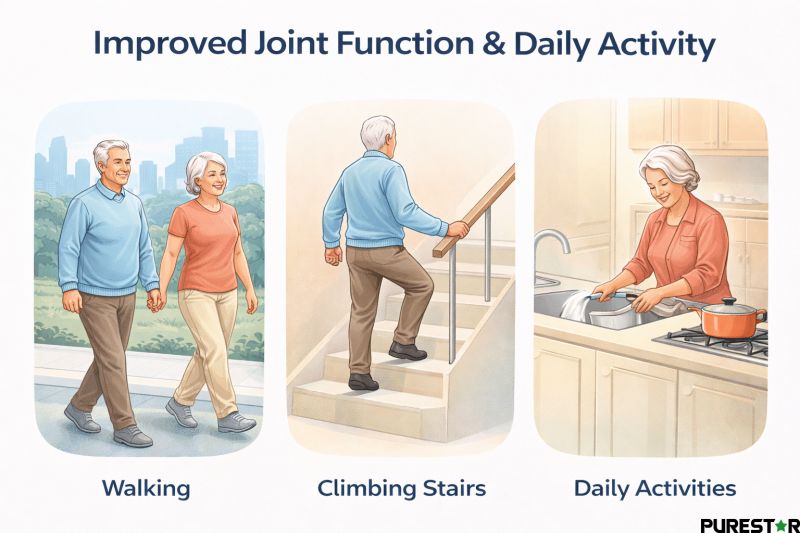 Improved joint function and daily activities such as walking and stair climbing in individuals with knee osteoarthritis, highlighting functional outcomes after clinical management