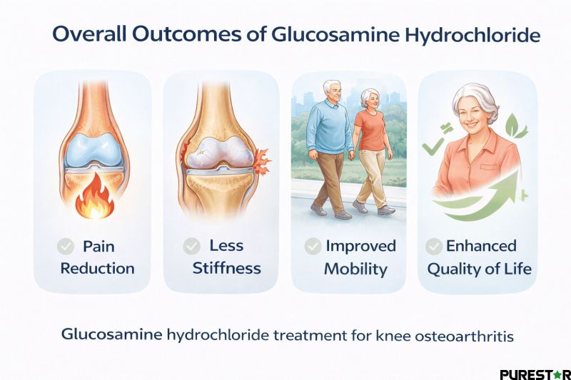 Overall clinical outcomes associated with glucosamine hydrochloride in knee osteoarthritis, including pain reduction, less stiffness, improved mobility, and enhanced quality of life