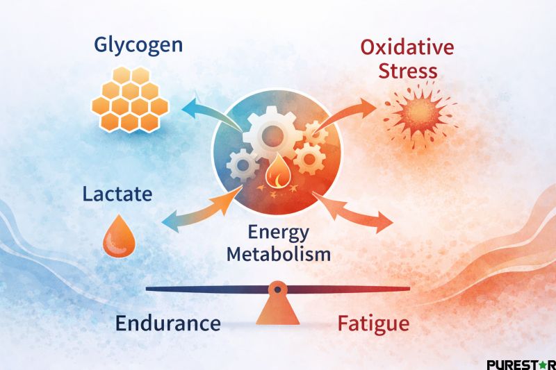 Energy metabolism overview illustrating the relationship between glycogen storage, lactate balance, oxidative stress, and physical fatigue.