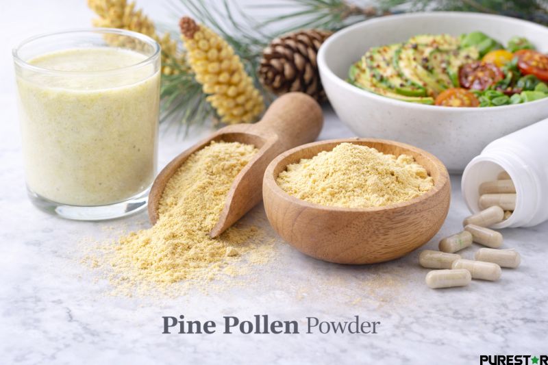 Pine pollen powder incorporated into a balanced daily nutrition routine alongside food and supplement formats.