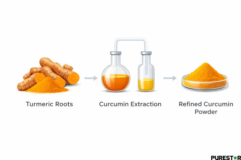 Curcumin extraction process from turmeric roots to refined curcumin powder